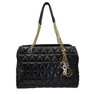 Michael Kors Black Quilted Leather Chain Shoulder Bag Tote Gold MK Charm‎